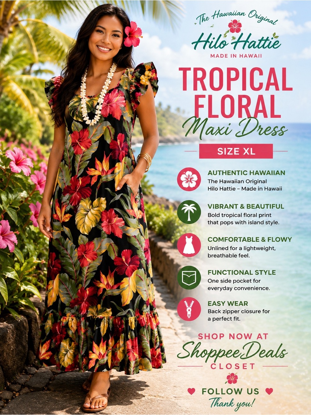 The Hawaiian Original Hilo Hattie Tropical Floral Maxi Dress – Size XL